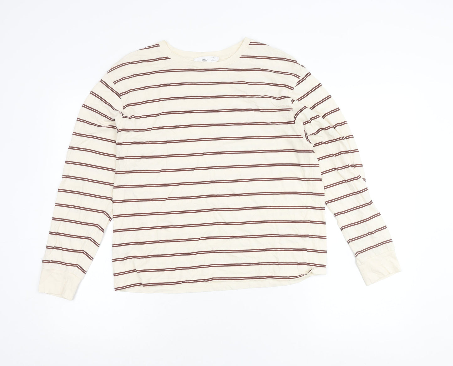 MNG Women’s Ivory Striped Long Sleeve Cotton T-Shirt Size M