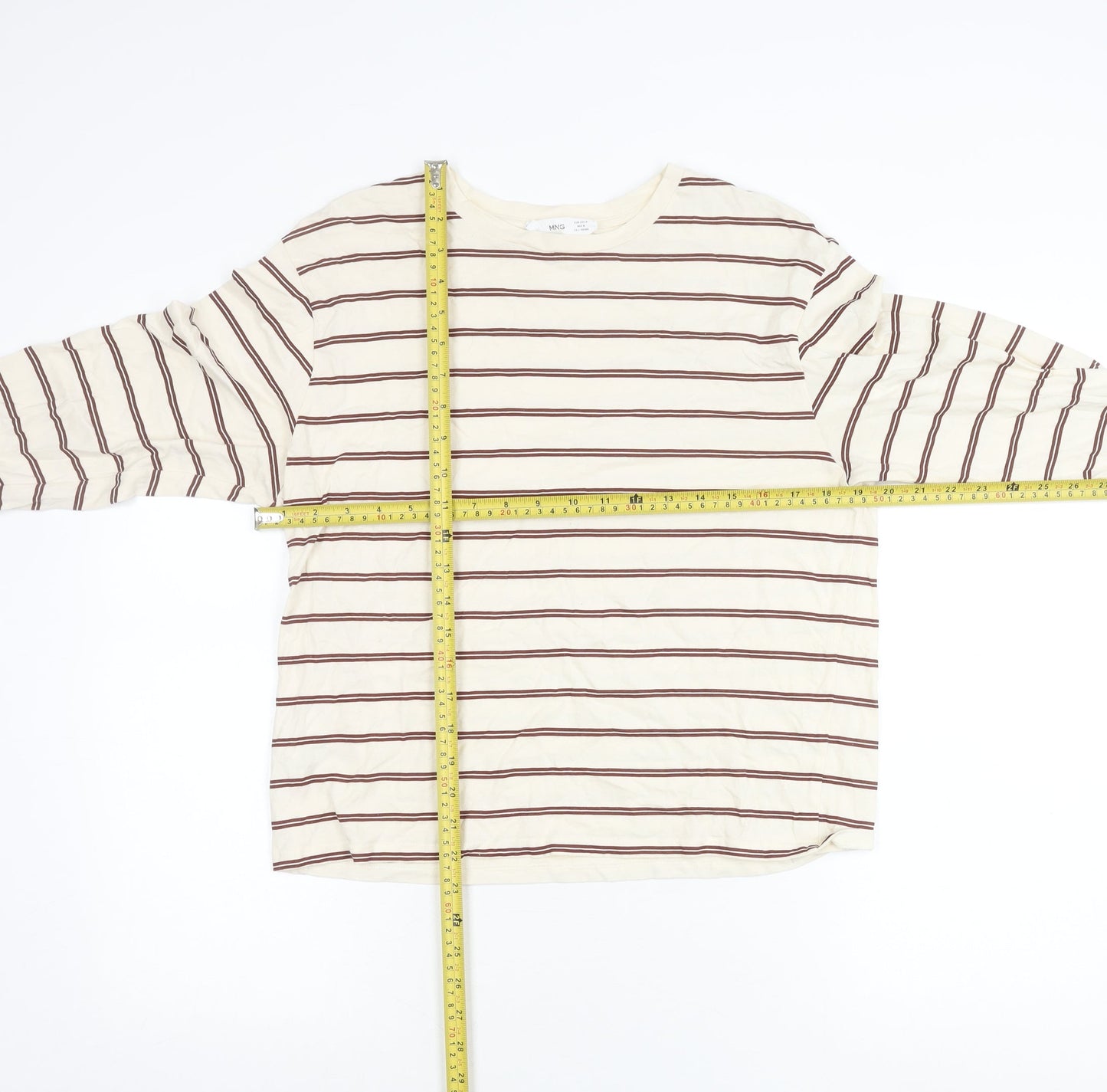 MNG Women’s Ivory Striped Long Sleeve Cotton T-Shirt Size M