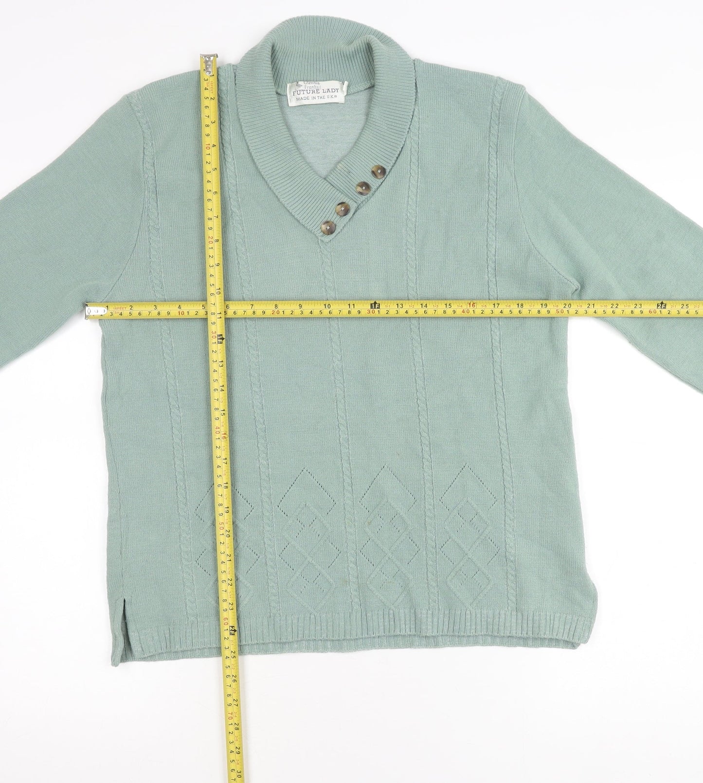 Future Lady Womens Green Henley Jumper M V-Neck Long Sleeve Knit