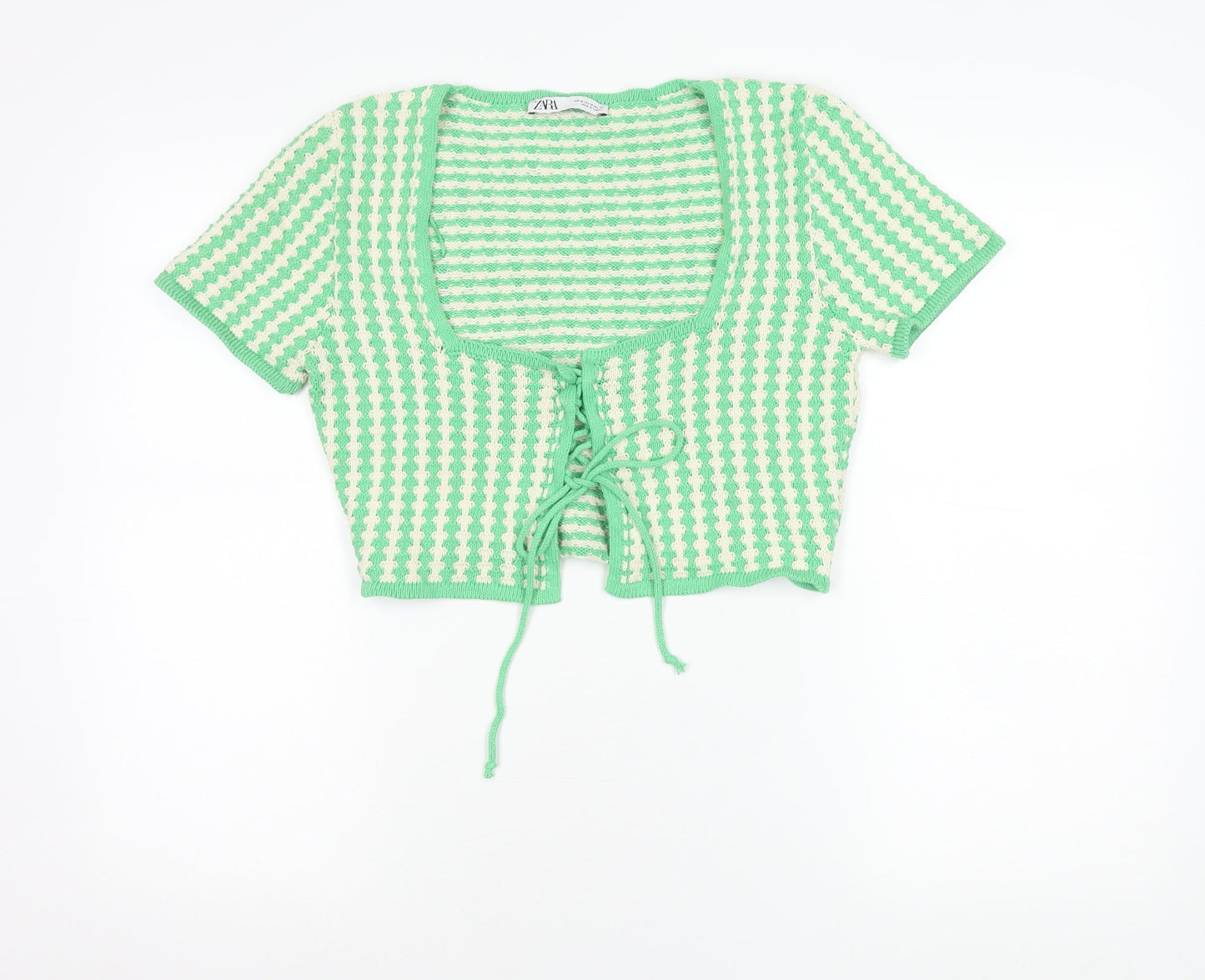 Zara Women Green Striped Knit Cropped Tie Blouse Size 12