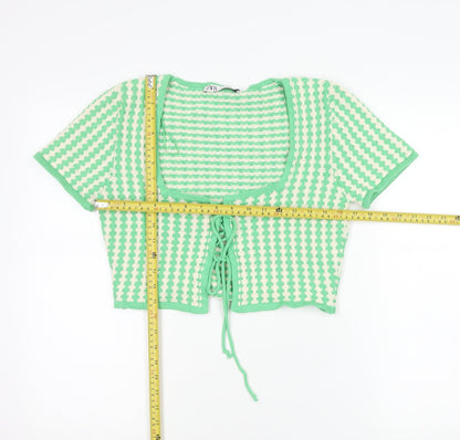 Zara Women Green Striped Knit Cropped Tie Blouse Size 12