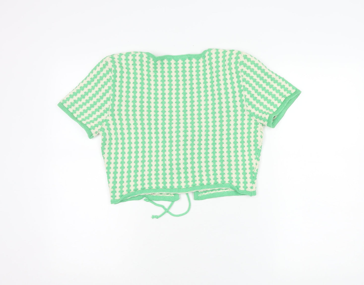 Zara Women Green Striped Knit Cropped Tie Blouse Size 12