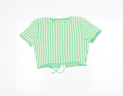 Zara Women Green Striped Knit Cropped Tie Blouse Size 12