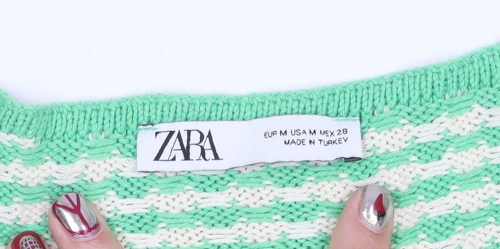 Zara Women Green Striped Knit Cropped Tie Blouse Size 12