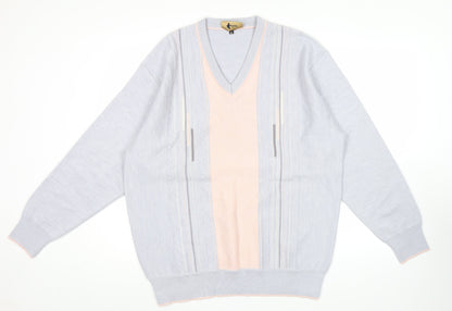 Gabicci Mens Grey Pink Wool Blend V-Neck Retro Pullover Jumper XL