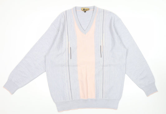 Gabicci Mens Grey Pink Wool Blend V-Neck Retro Pullover Jumper XL