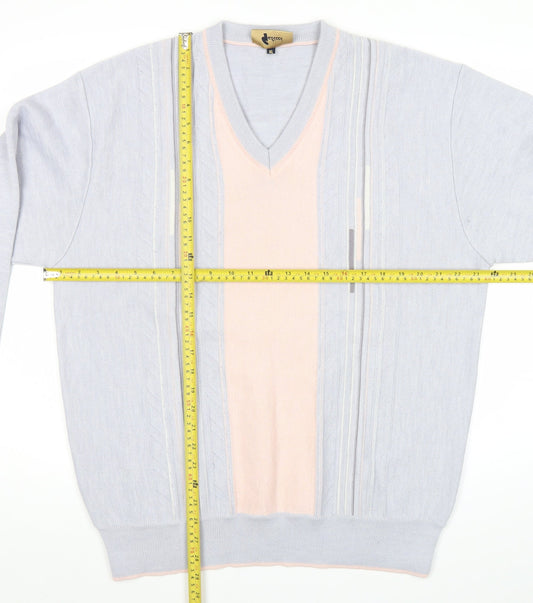 Gabicci Mens Grey Pink Wool Blend V-Neck Retro Pullover Jumper XL