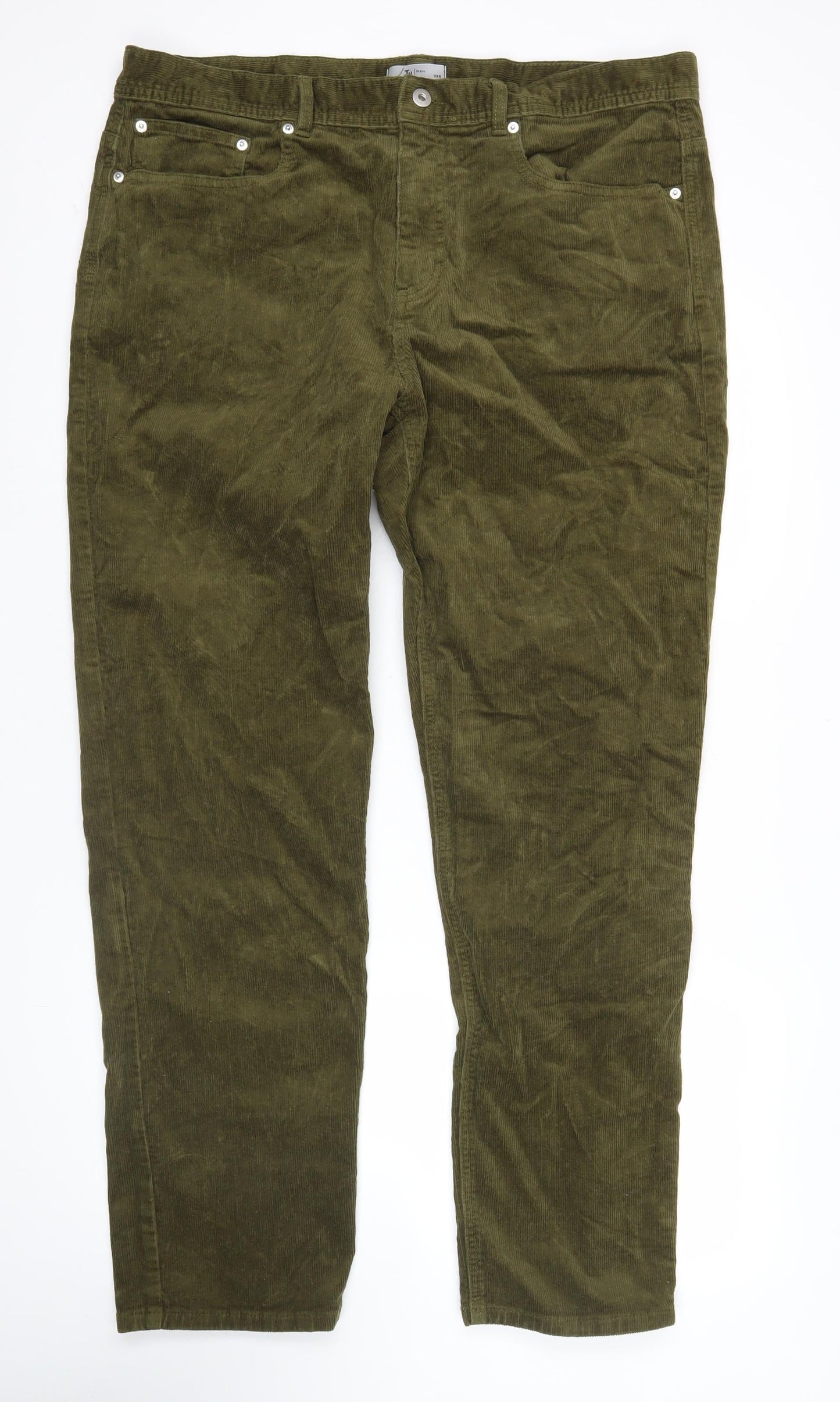 TU Mens Green Corduroy Chino Trousers 38W 28L Straight Fit