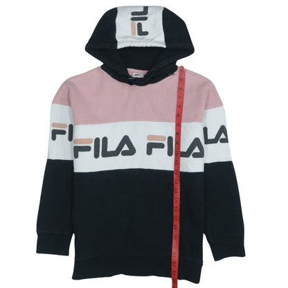 Fila Womens 2XS Black Pink White Pullover Hoodie Colourblock Logo
