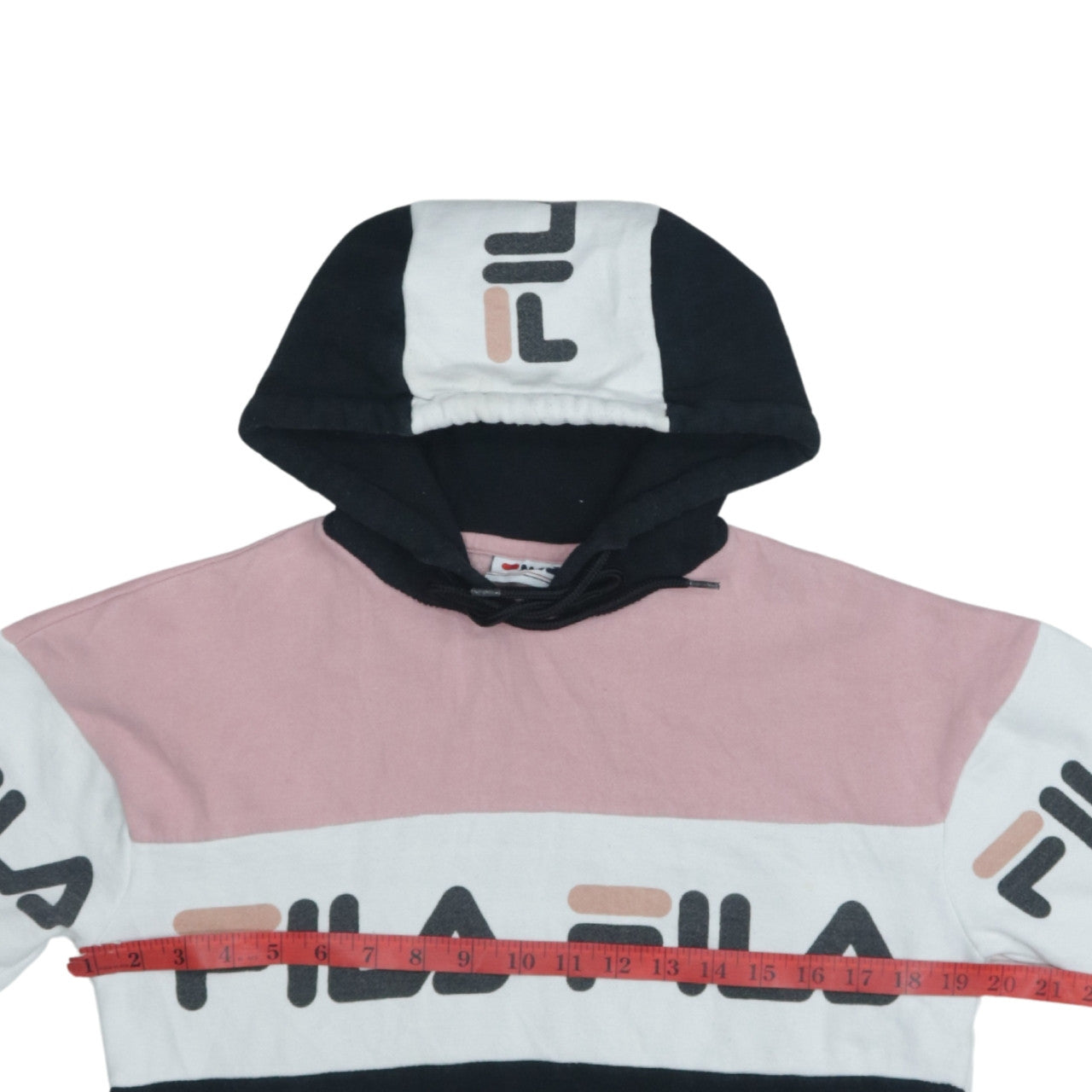 Fila Womens 2XS Black Pink White Pullover Hoodie Colourblock Logo