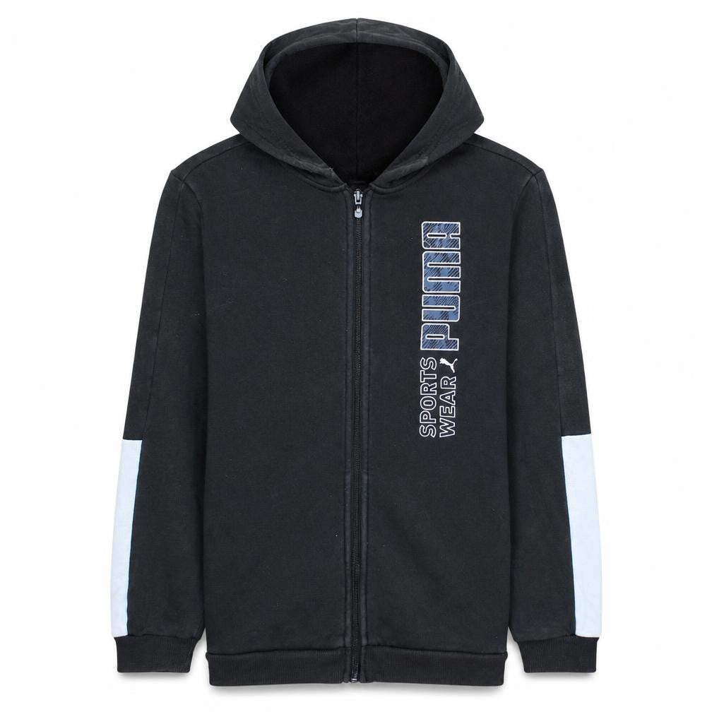 Front view of Puma Teens Black Full Zip Hoodie Sweatshirt L 15-16Y Sportswear Logo