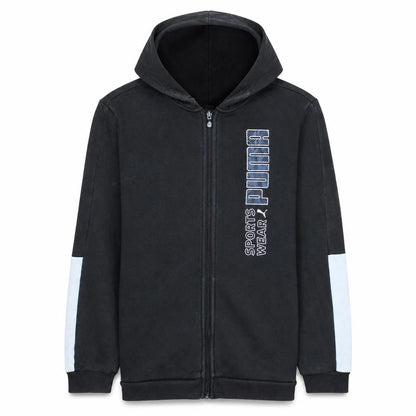 Front view of Puma Teens Black Full Zip Hoodie Sweatshirt L 15-16Y Sportswear Logo