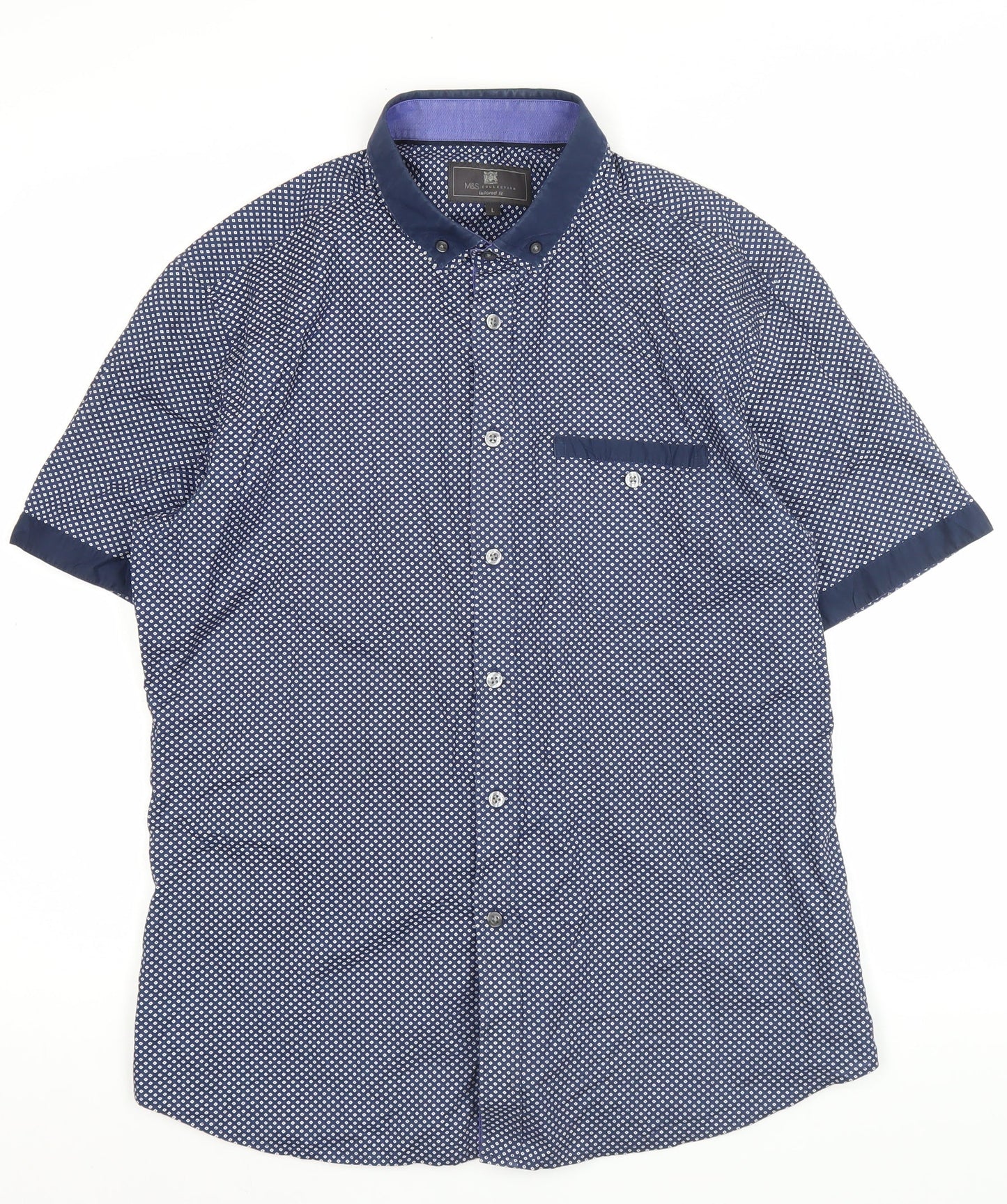 Marks and Spencer Men’s Blue Geometric Button-Up Shirt L Slim Fit