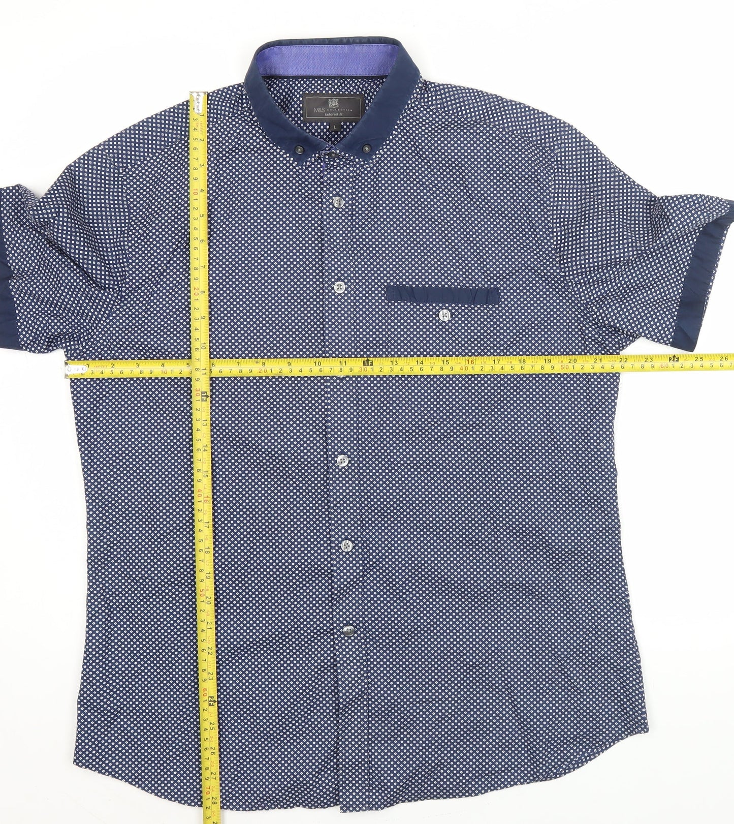 Marks and Spencer Men’s Blue Geometric Button-Up Shirt L Slim Fit