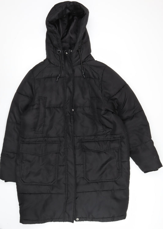 Primark Women Black S Puffer Jacket Hooded Mid-Length Winter Coat