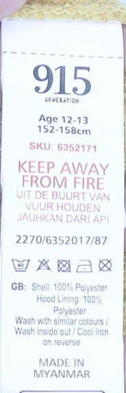 915 Generation Girls Yellow Pullover Hoodie Age 12-13 Years Fleece Lined