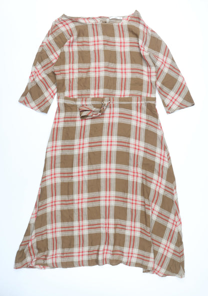 MNG Women’s Brown Check Midi Shirt Dress Size 10 3/4 Sleeve Cotton