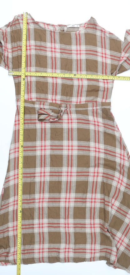 MNG Women’s Brown Check Midi Shirt Dress Size 10 3/4 Sleeve Cotton