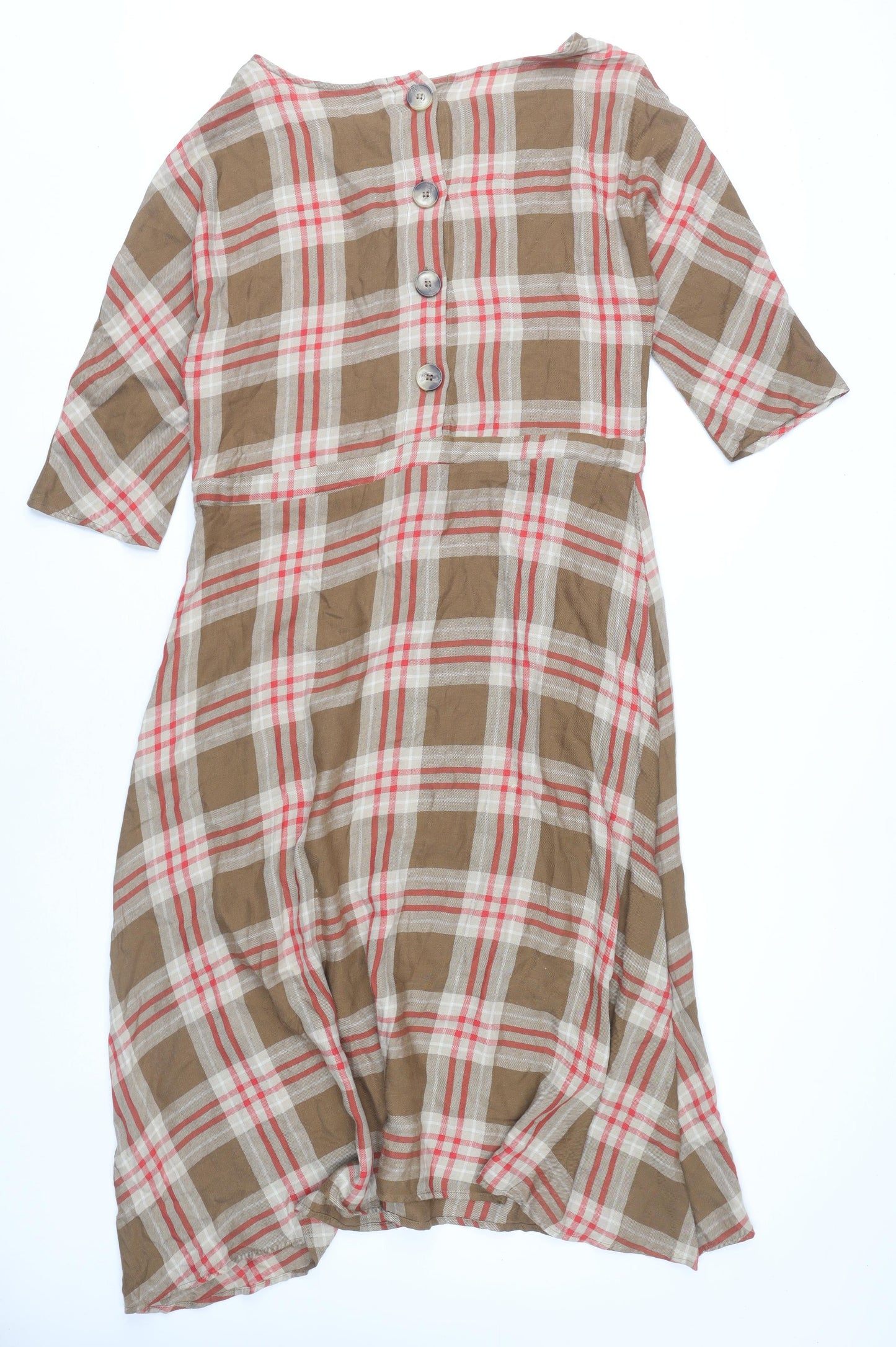 MNG Women’s Brown Check Midi Shirt Dress Size 10 3/4 Sleeve Cotton