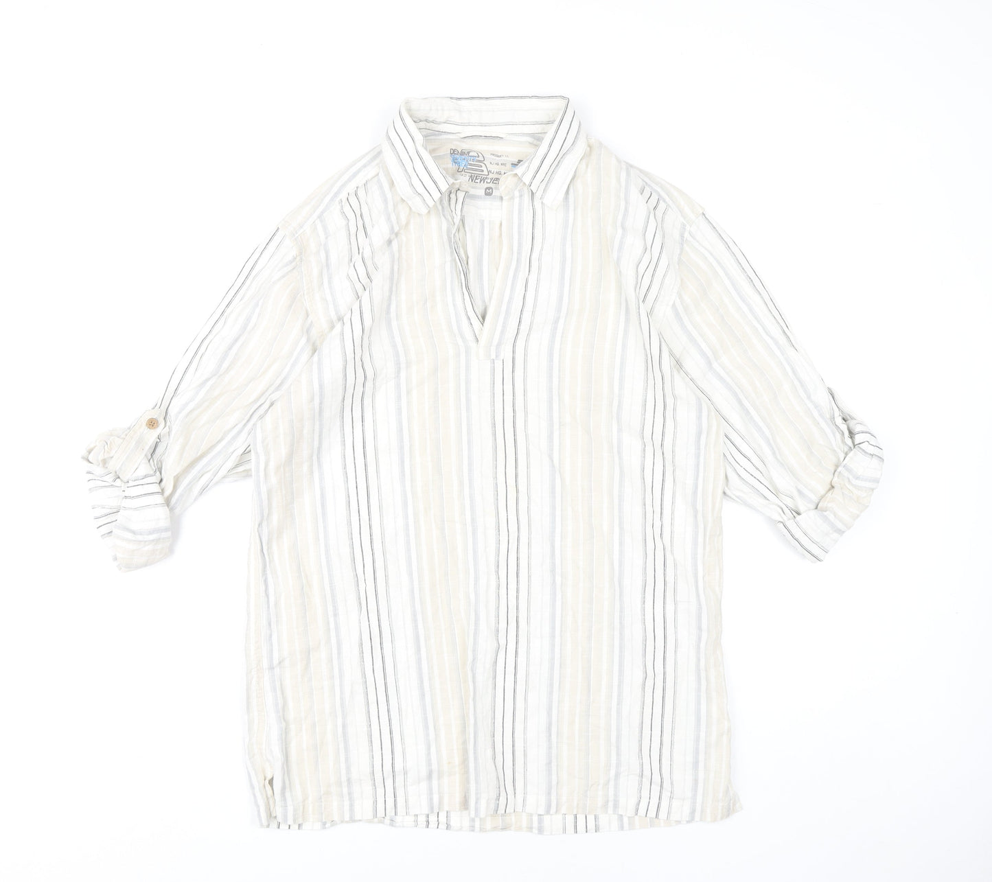 Denim 73 Mens Beige Striped Cotton Casual 3/4 Sleeve Shirt M