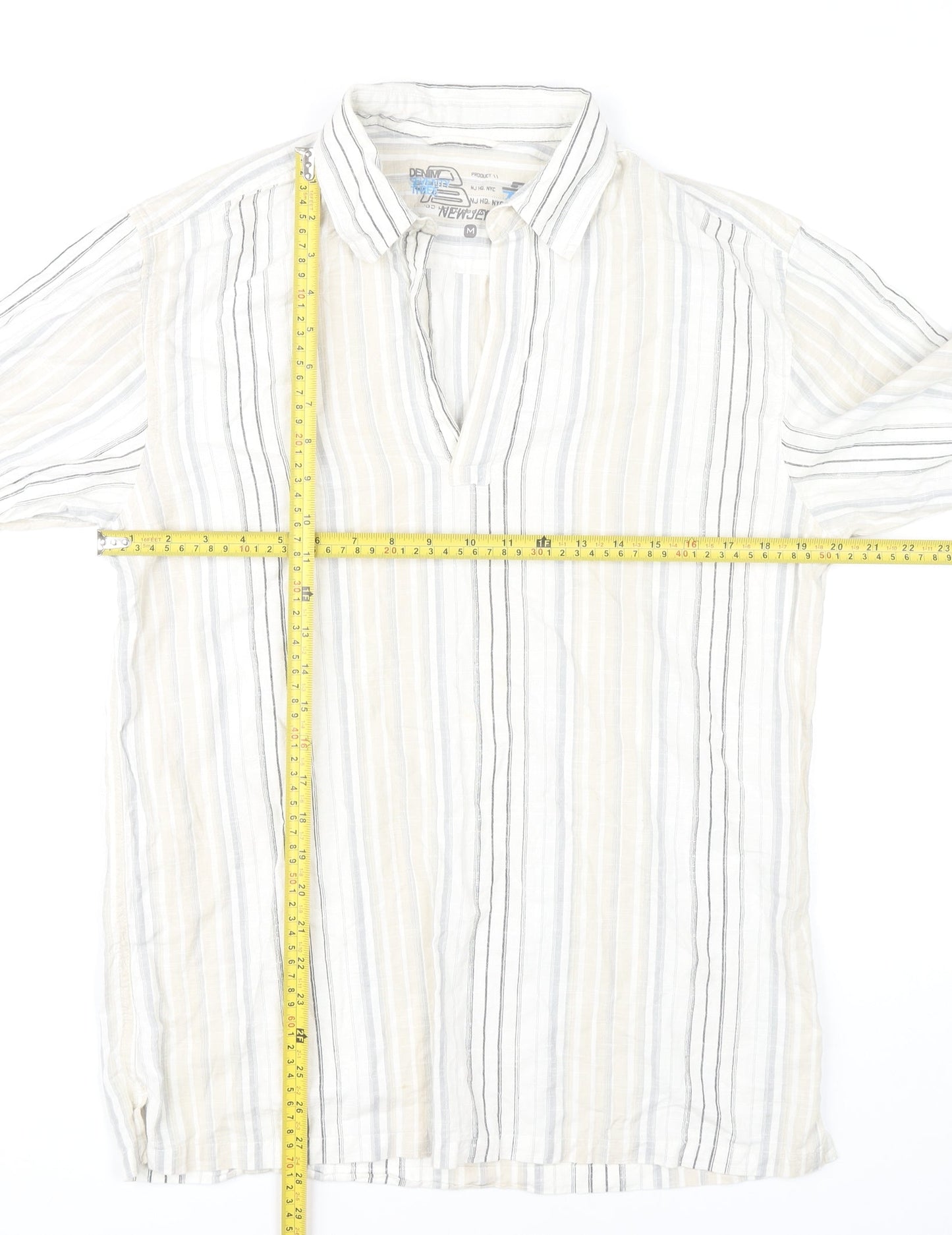 Denim 73 Mens Beige Striped Cotton Casual 3/4 Sleeve Shirt M