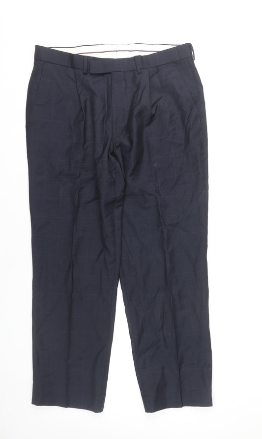 Marks and Spencer Mens Blue Checked Wool Dress Pants 34W 29L