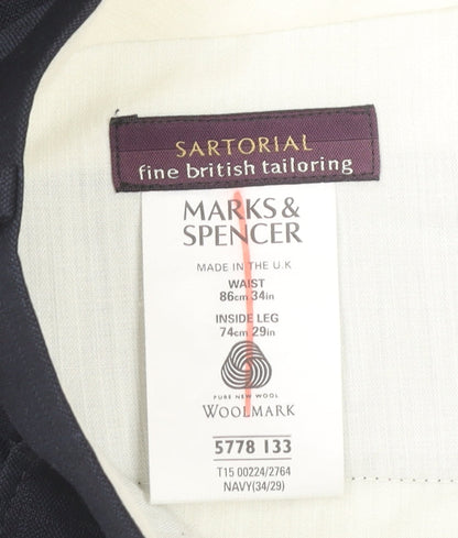 Marks and Spencer Mens Blue Checked Wool Dress Pants 34W 29L