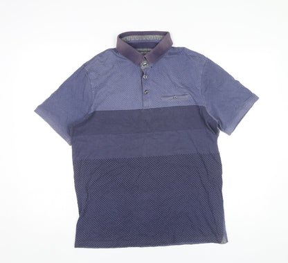 Marks and Spencer Men's Blue Medium Cotton Polo Shirt Geometric
