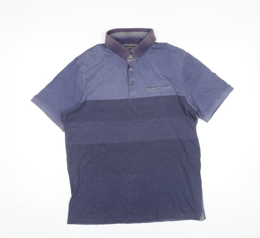 Marks and Spencer Men's Blue Medium Cotton Polo Shirt Geometric