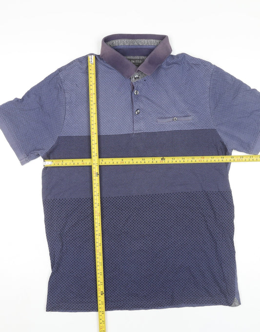 Marks and Spencer Men's Blue Medium Cotton Polo Shirt Geometric