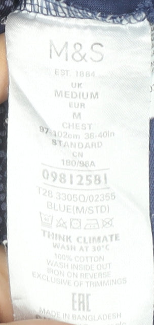 Marks and Spencer Men's Blue Medium Cotton Polo Shirt Geometric