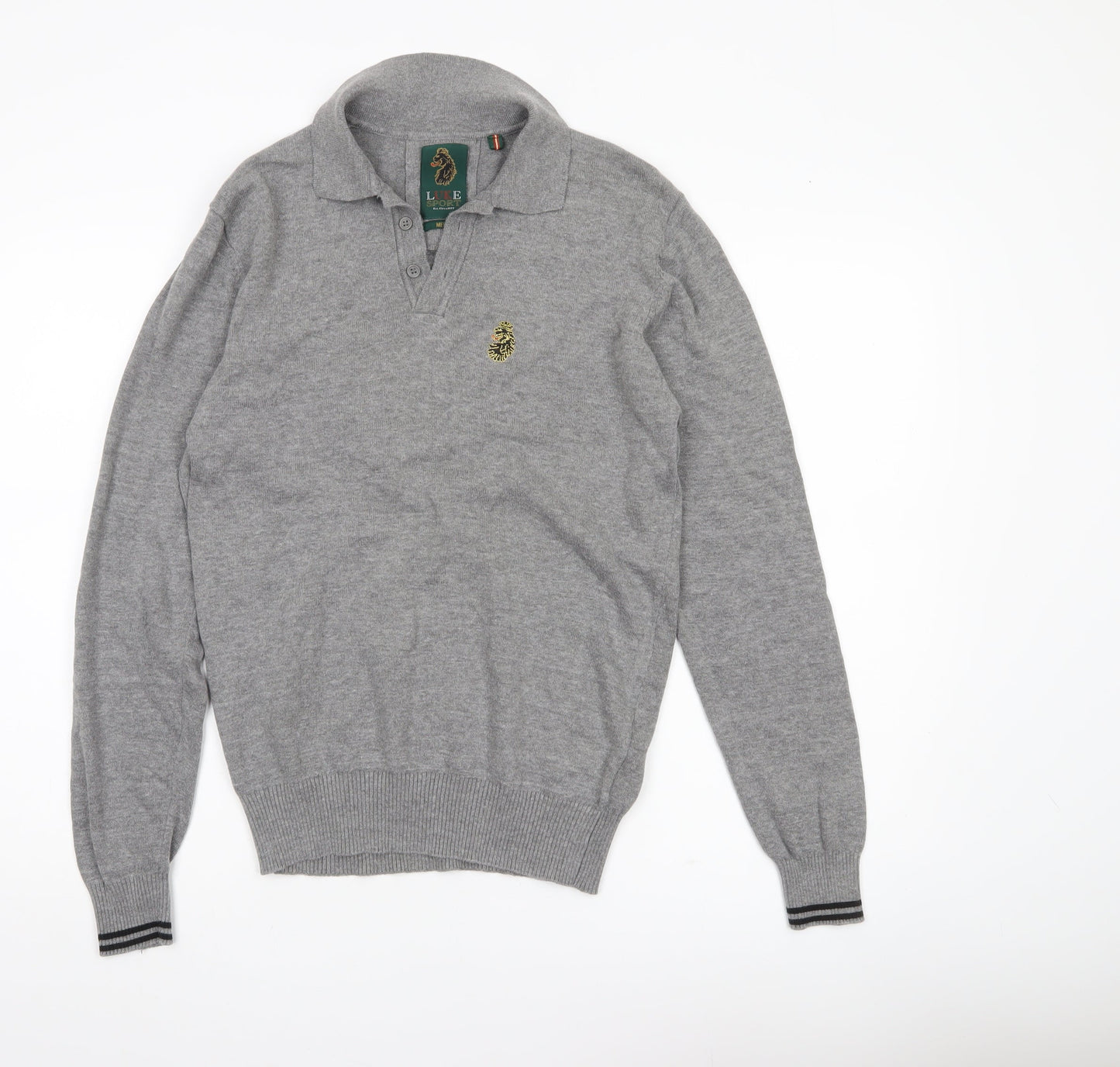 Luke Sport Men’s Grey Cotton Henley Jumper Medium Collared Logo