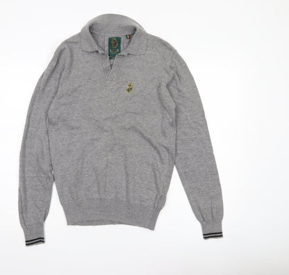 Luke Sport Men’s Grey Cotton Henley Jumper Medium Collared Logo