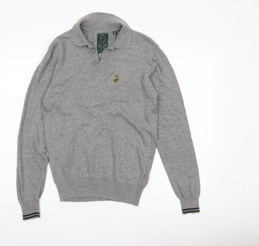 Luke Sport Men’s Grey Cotton Henley Jumper Medium Collared Logo