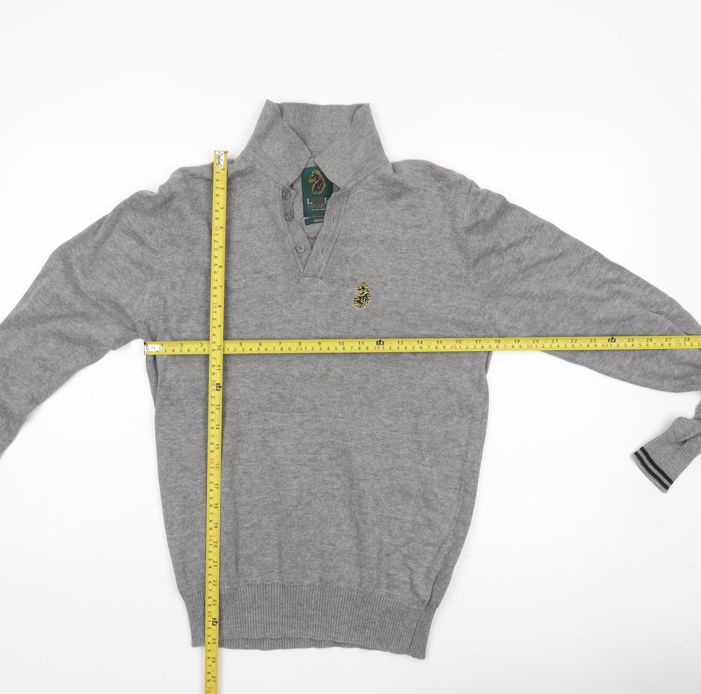 Luke Sport Men’s Grey Cotton Henley Jumper Medium Collared Logo