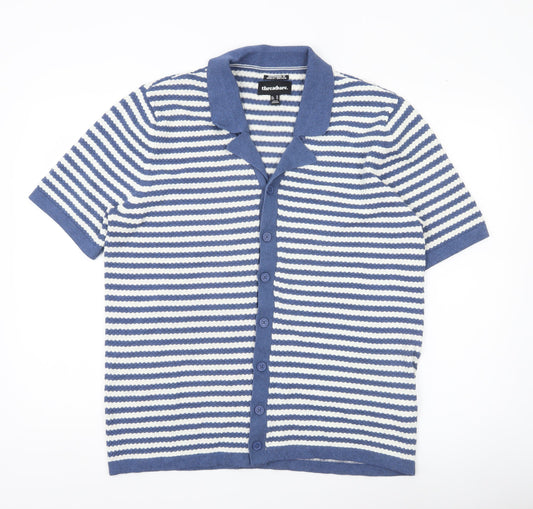 Threadbare Men’s Blue Striped Collared Short Sleeve Cardigan XL