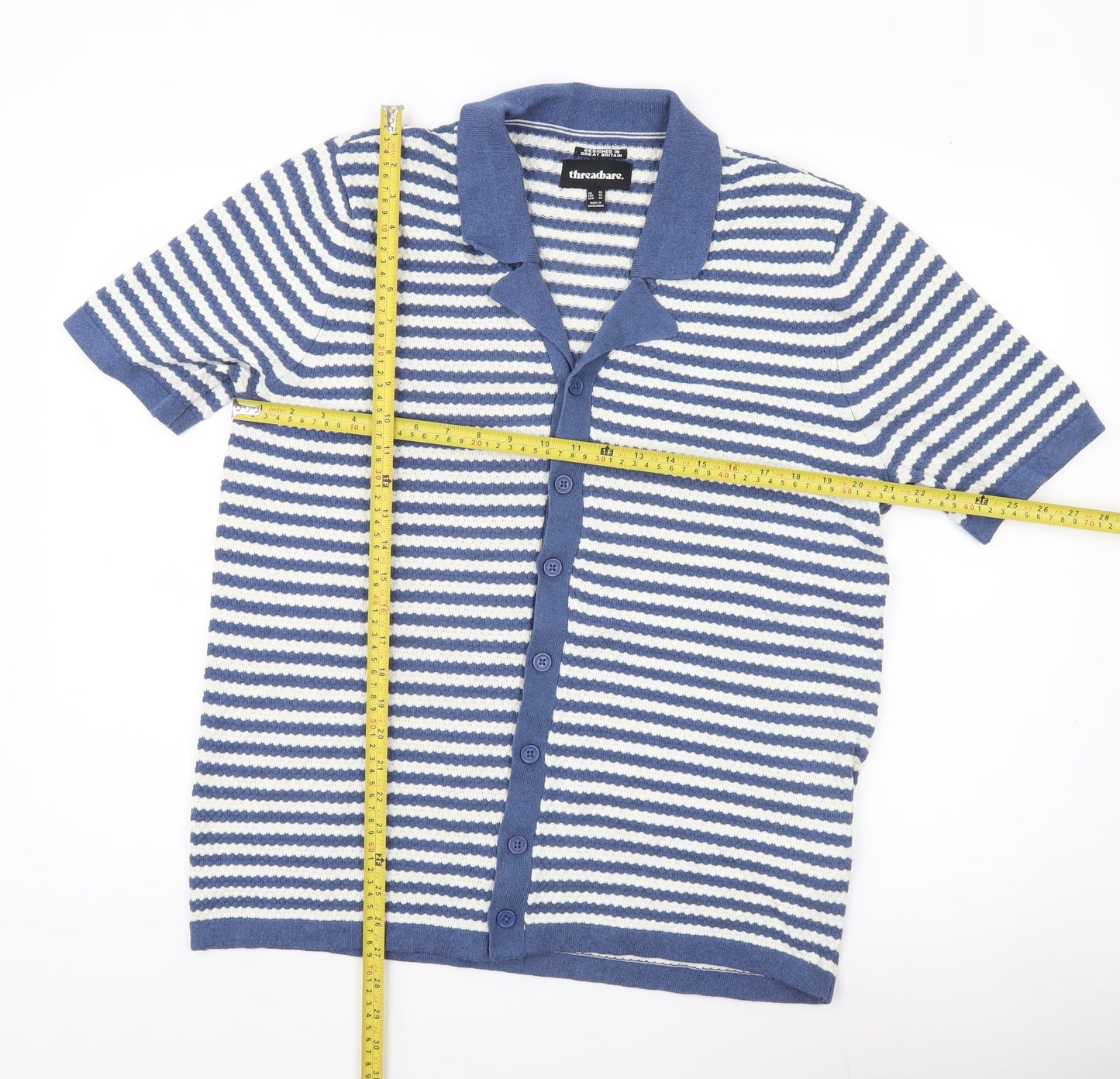 Threadbare Men’s Blue Striped Collared Short Sleeve Cardigan XL