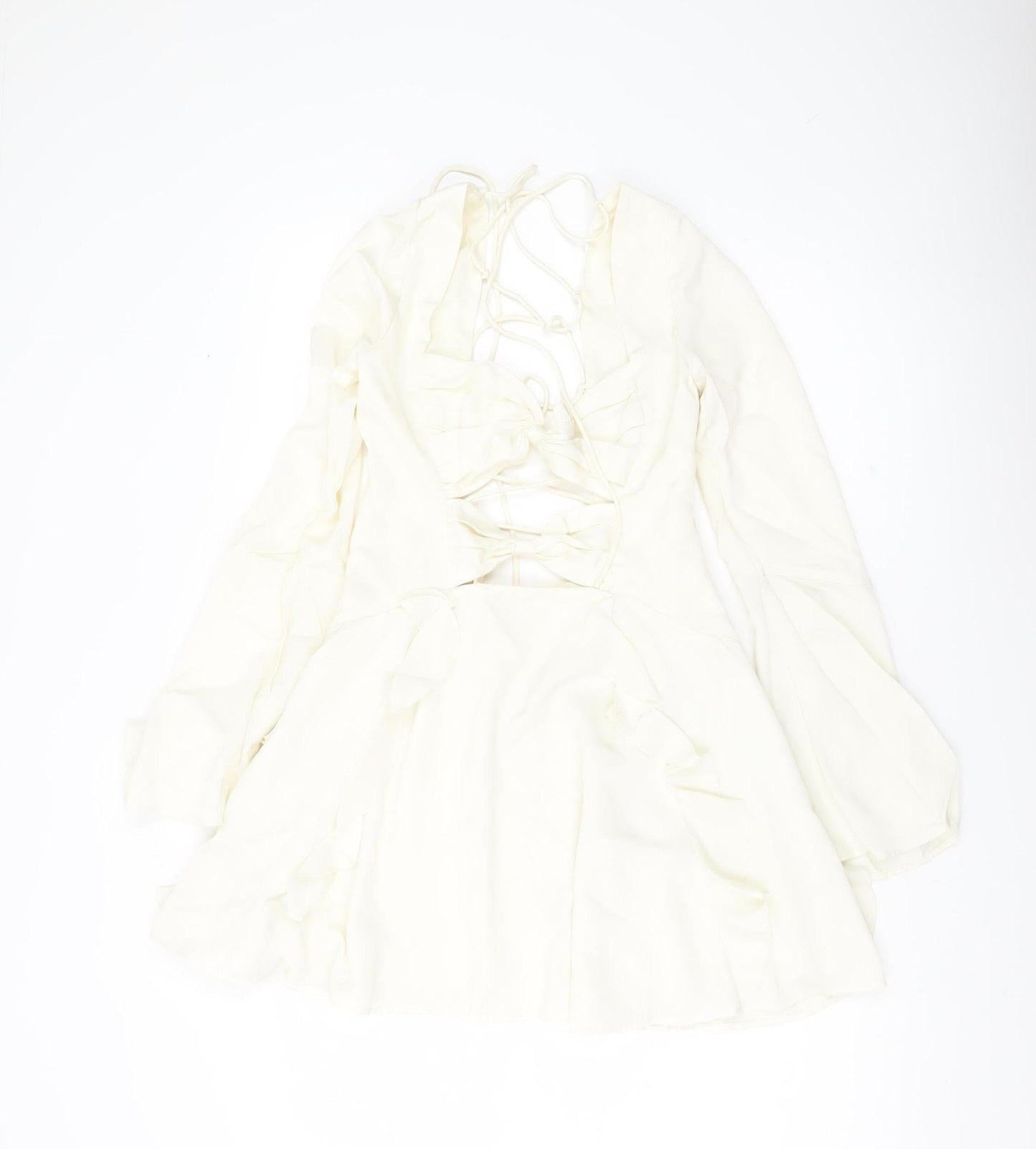 Oh Polly Women’s Ivory Mini Dress UK 10 Lace Up Long Sleeve Ruffle