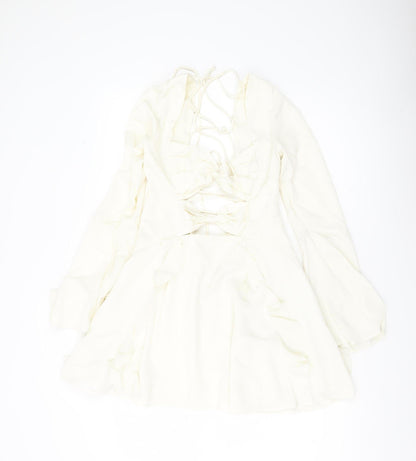 Oh Polly Women’s Ivory Mini Dress UK 10 Lace Up Long Sleeve Ruffle