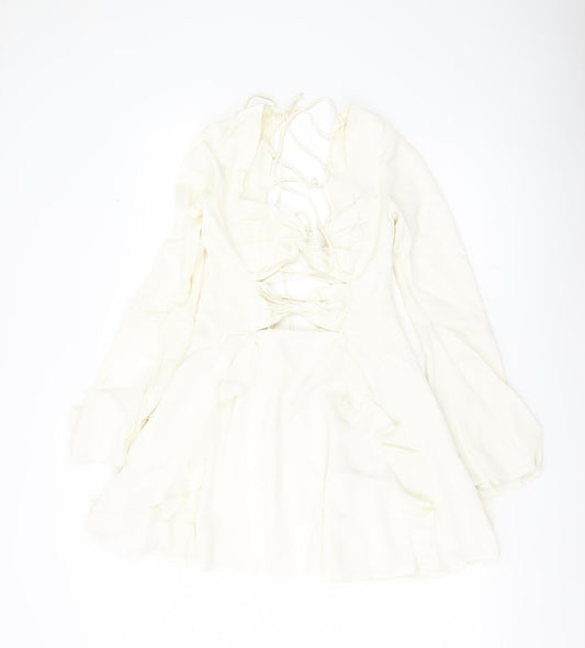 Oh Polly Women’s Ivory Mini Dress UK 10 Lace Up Long Sleeve Ruffle