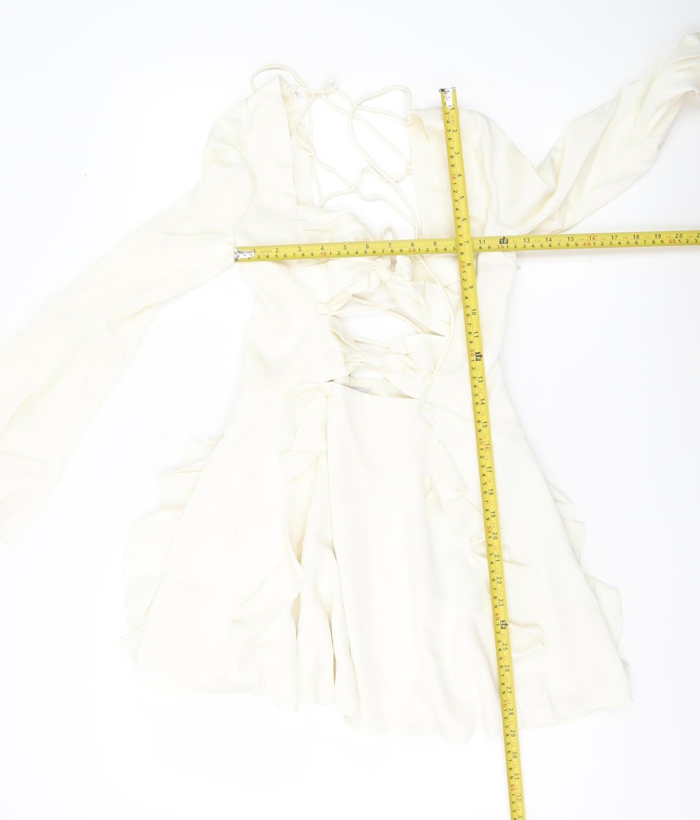Oh Polly Women’s Ivory Mini Dress UK 10 Lace Up Long Sleeve Ruffle