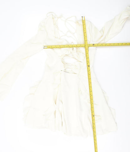 Oh Polly Women’s Ivory Mini Dress UK 10 Lace Up Long Sleeve Ruffle