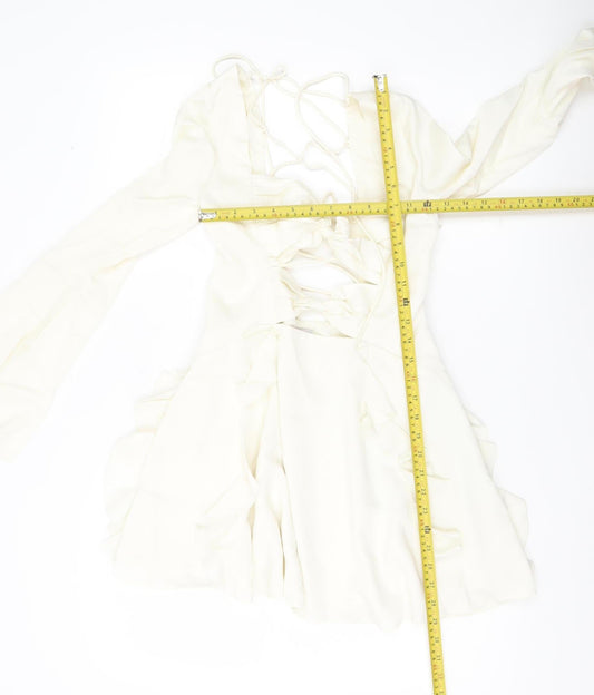 Oh Polly Women’s Ivory Mini Dress UK 10 Lace Up Long Sleeve Ruffle