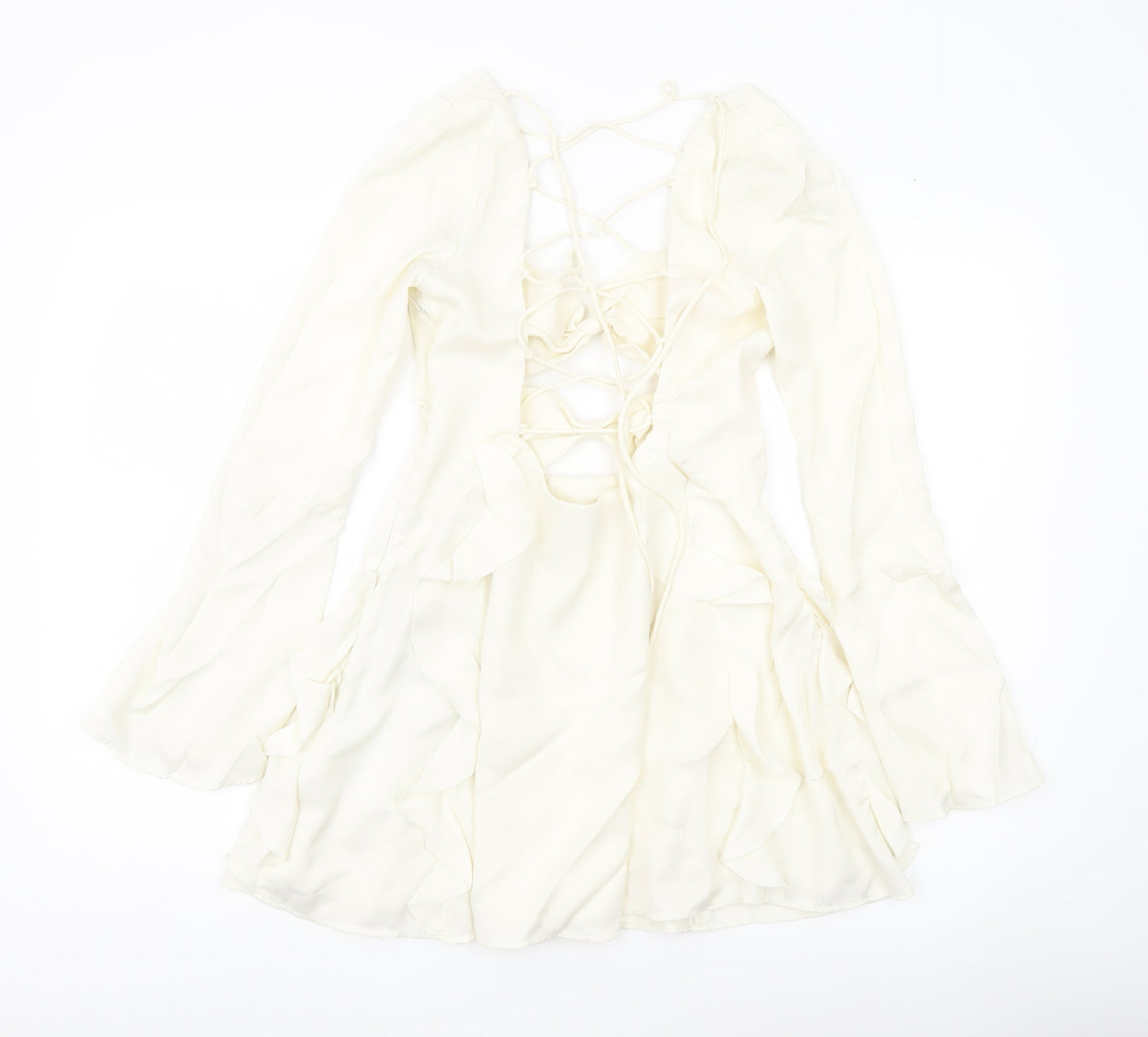 Oh Polly Women’s Ivory Mini Dress UK 10 Lace Up Long Sleeve Ruffle