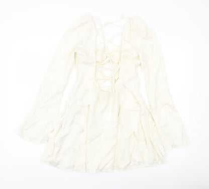 Oh Polly Women’s Ivory Mini Dress UK 10 Lace Up Long Sleeve Ruffle