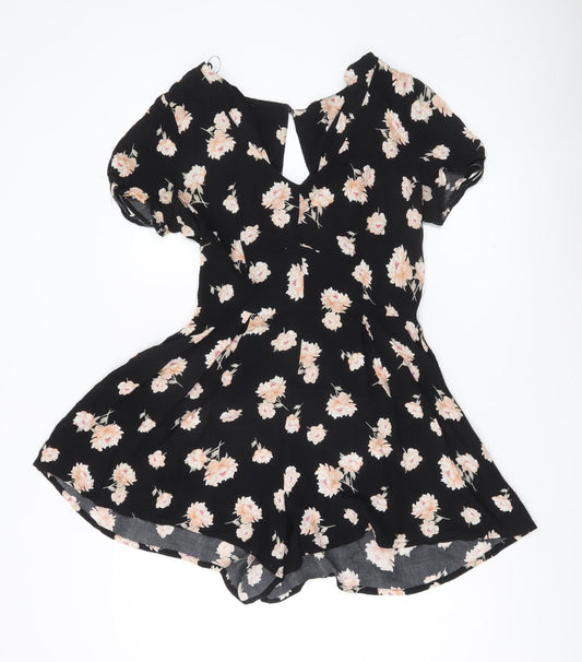 New Look Women’s Black Floral Playsuit Size 10 Short Sleeve V-Neck