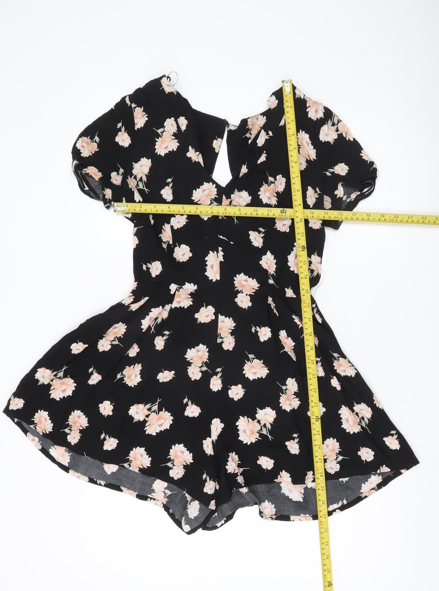 New Look Women’s Black Floral Playsuit Size 10 Short Sleeve V-Neck