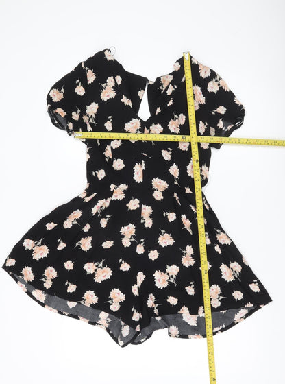 New Look Women’s Black Floral Playsuit Size 10 Short Sleeve V-Neck