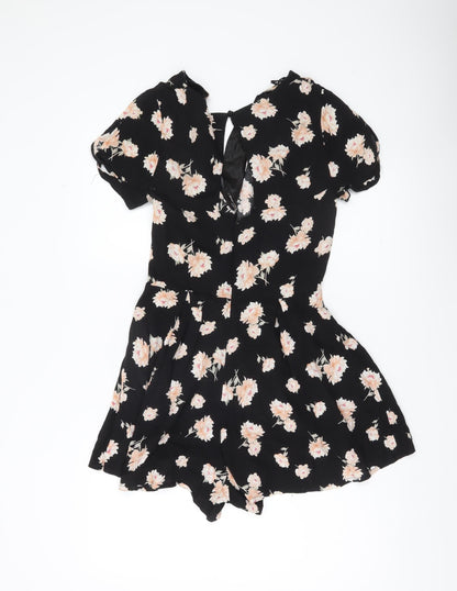 New Look Women’s Black Floral Playsuit Size 10 Short Sleeve V-Neck