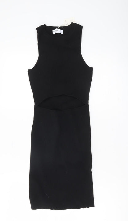 Bershka Womens Black Sleeveless Bodycon Cut Out Knit Dress M